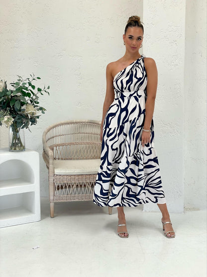 One-Shoulder Zebra Print Dress
